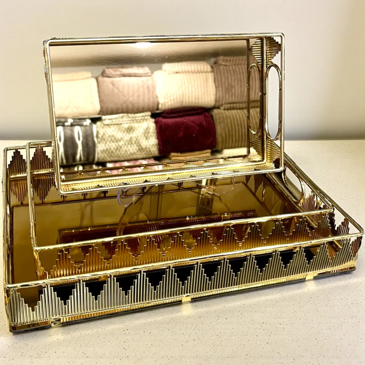 Set de 3 Plateaux Dorés avec Miroir - PM03